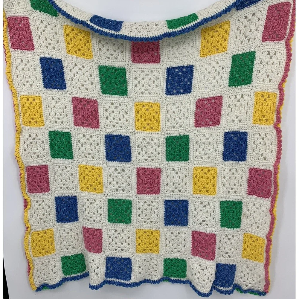 Vintage Handmade Crochet Baby Blanket Afghan Granny Square 44
